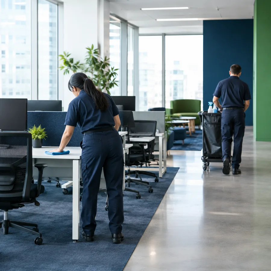 Janitorial crew cleaning a modern corporate office