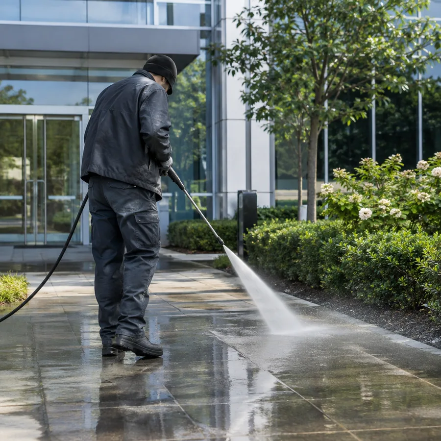 Grounds worker pressure washing a commercial walkway