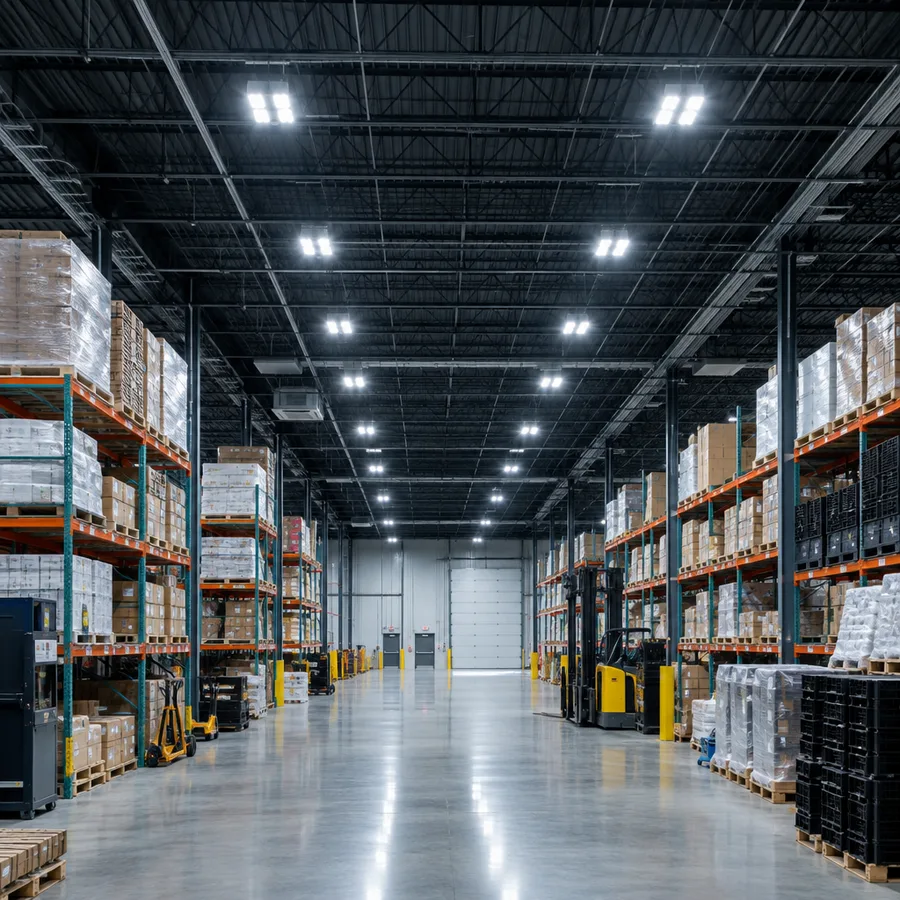 Warehouse aisle lit by new LED high-bay fixtures