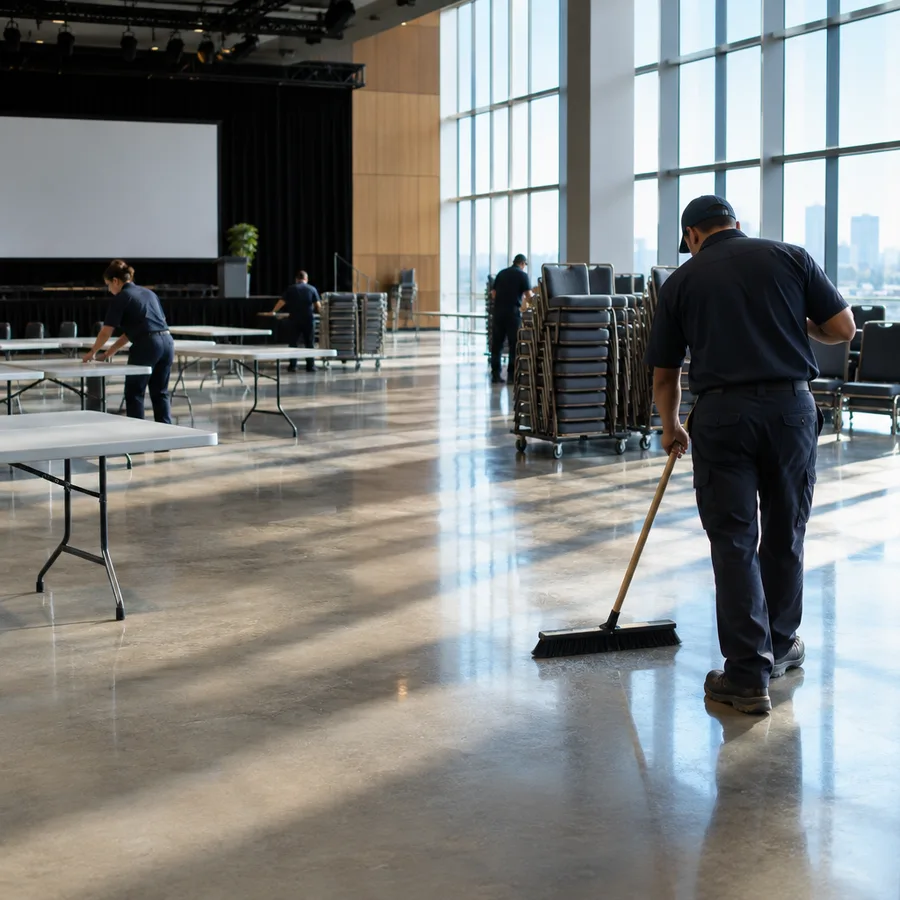 Cleanup crew working in a large event hall