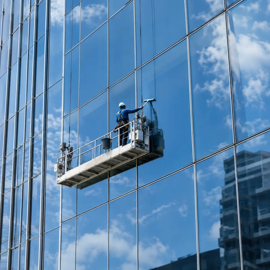 Window cleaner on a suspended platform on a glass high-rise